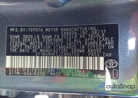 2018 Toyota Corolla Le z USA, uszkodzony, nr VIN 2T1BURHE5JC969754